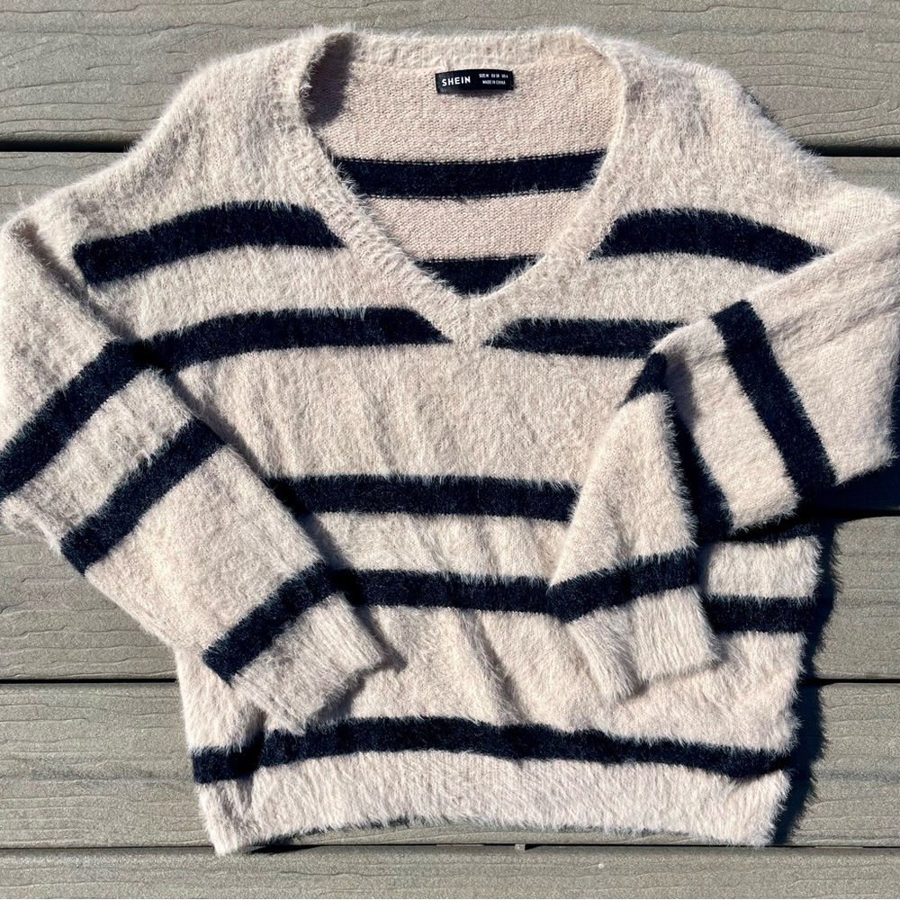 V-Neck Fuzzy Striped Sweater